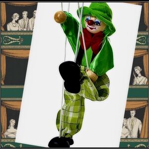 Wooden Green Clown Marionette Puppet